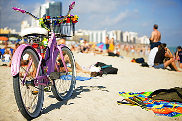 Close-up of a bicycle on the beach, South Beach, Miami, Florida, USA