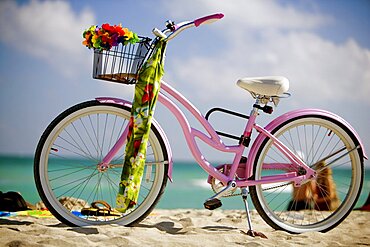 Close-up of a bicycle on the beach, South Beach, Miami, Florida, USA