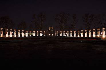 Memorial lit up at night, World War II, Washington DC, USA