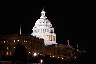 Low angle view of a government building lit up at night, Capitol Building, Washington DC, USA