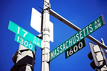 Low angle view of a signboard, Washington DC, USA