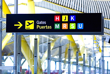 Close-up of information board at an airport, Madrid, Spain