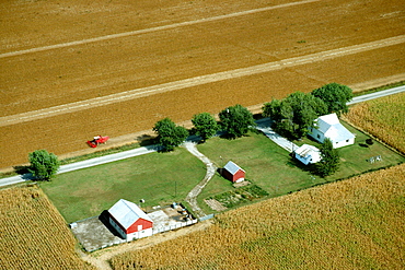 Aerial view of farms at harvest time in Clinton county, OH