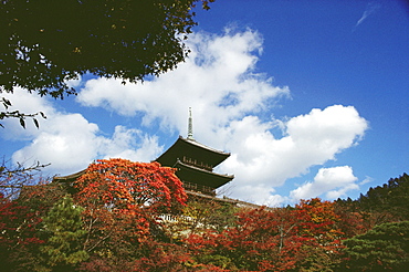 Low angle view of a Buddhist temple, Kiyomizu-Dera Temple, Kyoto Prefecture, Japan