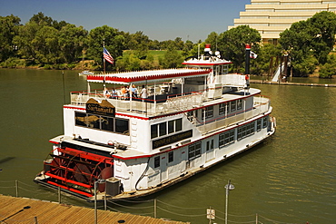 High angle view of a paddle steamer in a river