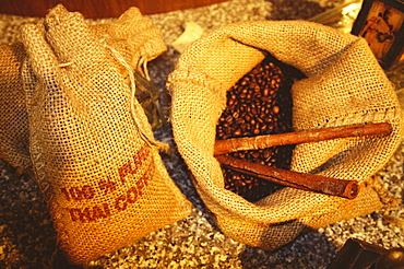 High angle view of coffee beans in burlap sacks, Bangkok, Thailand