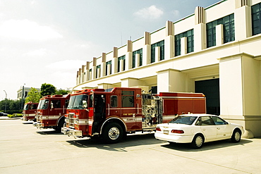 Side profile of fire engines at a fire department, Beverly Hills Fire Department, Los Angeles, California, USA