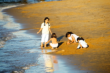 High angle view of children playing on the beach, San Diego, California, USA