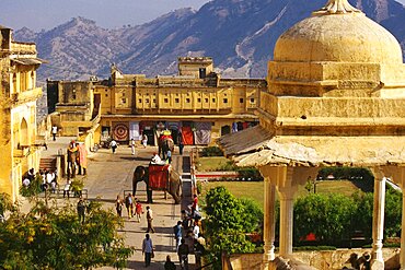 High angle view of tourists and elephants in a palace, Amber Fort, Jaipur, Rajasthan, India