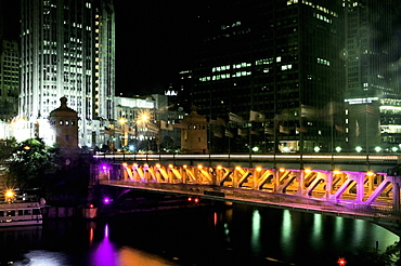 Bridge in a city lit up at night, Michigan Avenue Bridge, Chicago River, Chicago, Illinois, USA