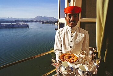 Portrait of a waiter serving tea, Jaipur, Rajasthan, India