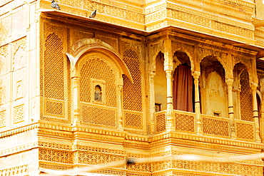 Low angle view of an ornate balcony, Jaisalmer, Rajasthan, India