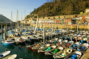 High angle view of boats docked at harbor in a marina, Spain