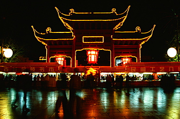 Reflection of an illuminated temple in water, Nanjing, Jiangsu Province, China