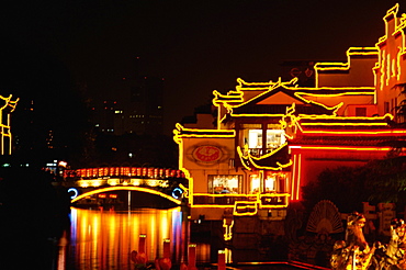 Buildings lit up at night, Nanjing, Jiangsu Province, China