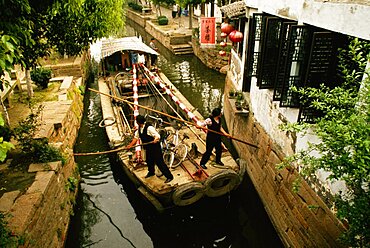 High angle view of a barge in a canal, Zhouzhuang, Kunshan City, Jiangsu Province, China