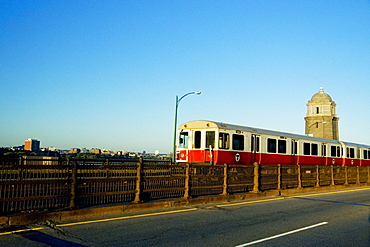 Train moving on tracks along a road, Longfellow Bridge, Boston, Massachusetts, USA