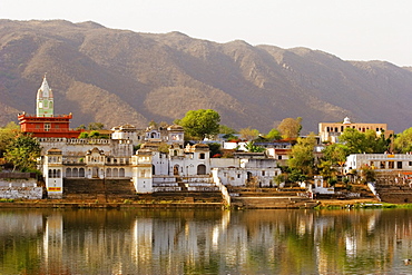 Buildings along a lake, Holy lake, Pushkar, Rajasthan, India