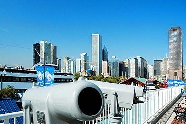 Close-up of telescopes facing a city, Lake Michigan, Navy Pier, Chicago, Illinois, USA