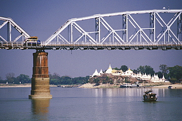 Bridge across a river with a pagoda in the background, Ava bridge, Shwe Kyet Yet Pagoda, Ayeyarwady River, Mandalay, Myanmar