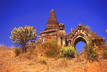 Low angle view of the old ruins of a pagoda, Bagan, Myanmar