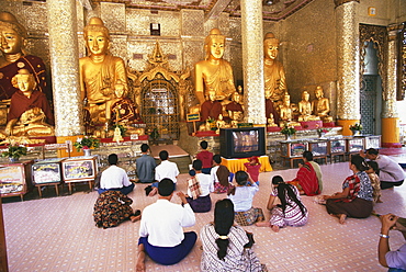 Rear view of pilgrims praying in a pagoda, Shwedagon Pagoda, Yangon, Myanmar