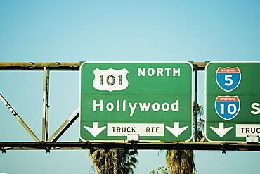 Low angle view of highway signs, Los Angeles, California, USA