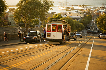 People traveling in a cable car, San Francisco, California, USA