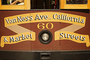 Close-up of the front of a trolley car in a city, San Francisco, California, USA