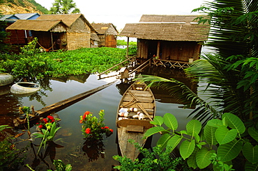 High angle view of a boat in front of a house in a flooded village, Siem Reap, Cambodia