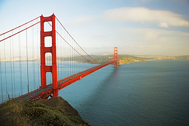 Aerial view of traffic moving on a bridge, Golden Gate Bridge, San Francisco, California, USA