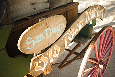 High angle view of a wooden sign for the San Diego Old Town Market, San Diego, California, USA