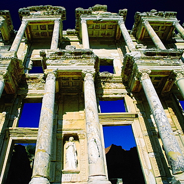 Low angle view of old ruins of a building, Celsus Library, Ephesus, Turkey