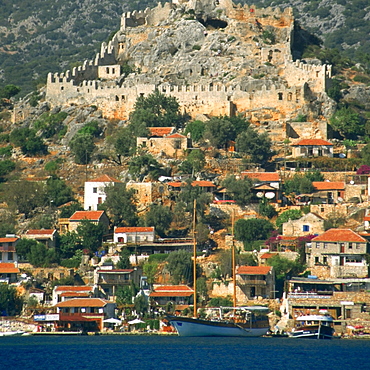 High angle view of a fort on a hill, Kale Fortress, Kekova, Antalya, Turkey