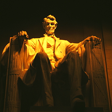 Low angle view of an Abraham Lincoln statue, Lincoln Memorial, Washington DC, USA