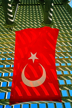 Low angle view of the Turkish flag on a building, Magic World Resort, Turkey