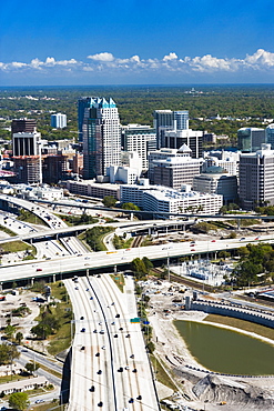 Aerial view of a multiple lane highway in a city, Interstate 4, Orlando, Florida, USA