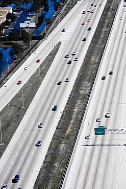 Aerial view of vehicles moving on multiple lane highways, Interstate 4, Orlando, Florida, USA