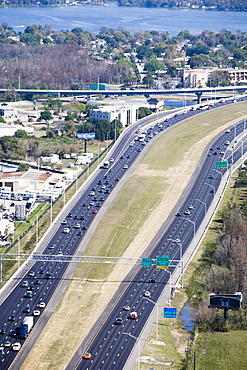 Aerial view of vehicles moving on multiple lane highways, Interstate 4, Orlando, Florida, USA