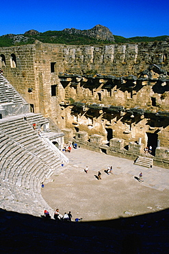 High angle view of tourists in an amphitheater, Aspendos, Turkey