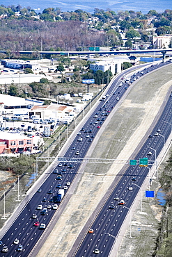 Aerial view of vehicles moving on multiple lane highways, Interstate 4, Orlando, Florida, USA