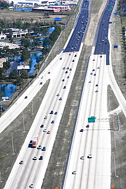 Aerial view of vehicles moving on multiple lane highways, Interstate 4, Orlando, Florida, USA