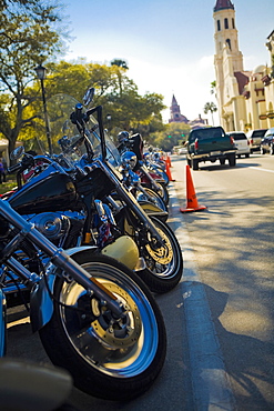 Motorcycle parking in front of a cathedral, St. Augustine, Florida, USA