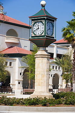 Clock on a column in front of a building, St. Augustine, Florida, USA