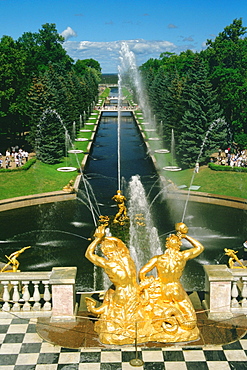 Fountains in the garden of a palace, Peterhof Grand Palace, St. Petersburg, Russia