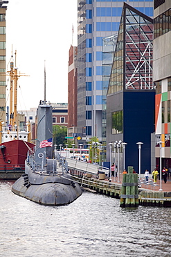 Submarine at a harbor, National Aquarium, Inner Harbor, Baltimore, Maryland, USA