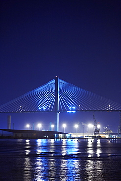 Suspension bridge lit up at night, Talmadge Bridge, Savannah River, Savannah, Georgia, USA