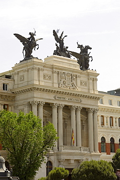 Statues on the top of a government building, Ministry Of Agriculture Building, Madrid, Spain