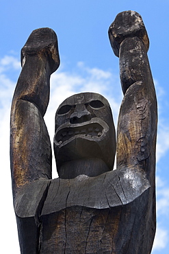 Low angle view of a wooden statue, Ahuena Heiau, Kailua-Kona, Kona, Big Island, Hawaii Islands, USA