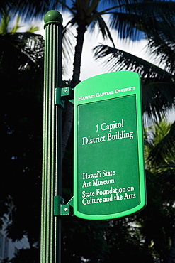 Low angle view of an information board, Honolulu, Oahu, Hawaii Islands, USA